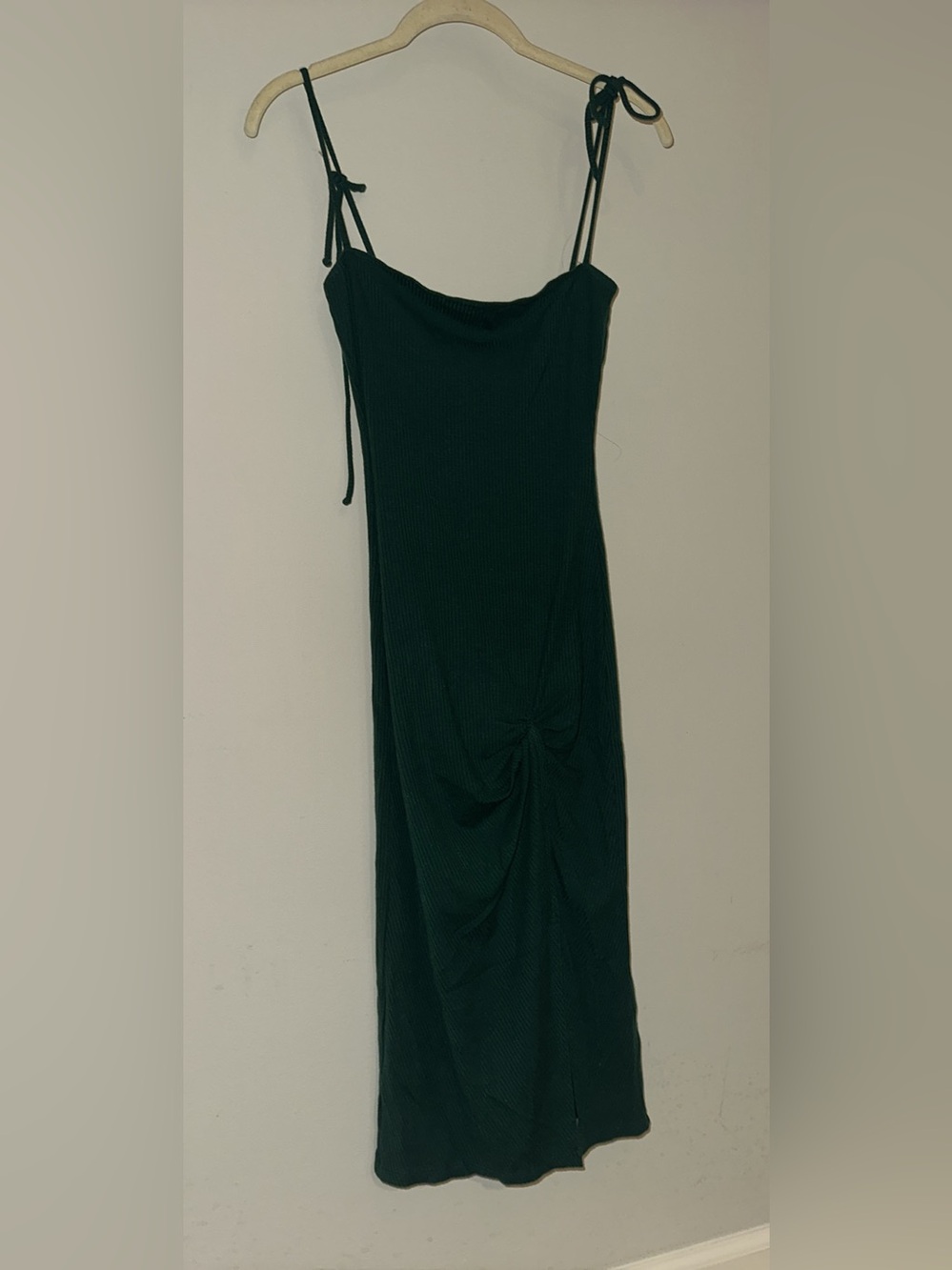 Reformation Dark Green Ribbed Tie Strap Midi Dress